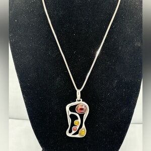 Silver Necklace with Red and Yellow Amber